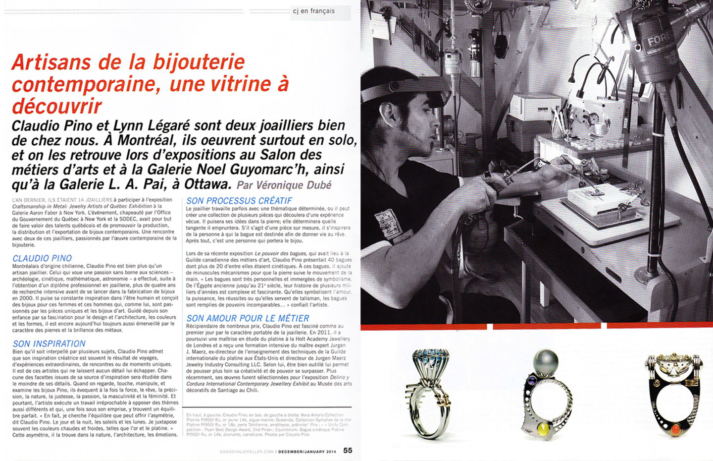 Canadian Jeweller Magazine "Claudio Pino" By Véronique Dubé Canadian Jeweller Magazine, Jan. 2014, Canada p. 55, 56